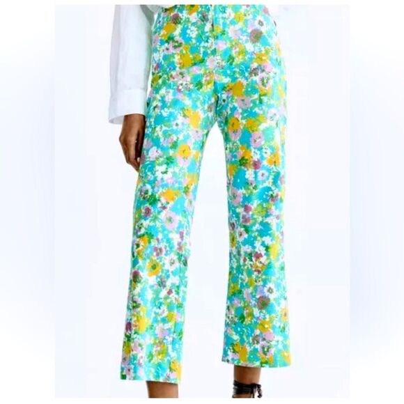 Zara Colorful Floral Retro Inspired Linen Blend High Rise Cropped Ankle Pants - Picture 3 of 16